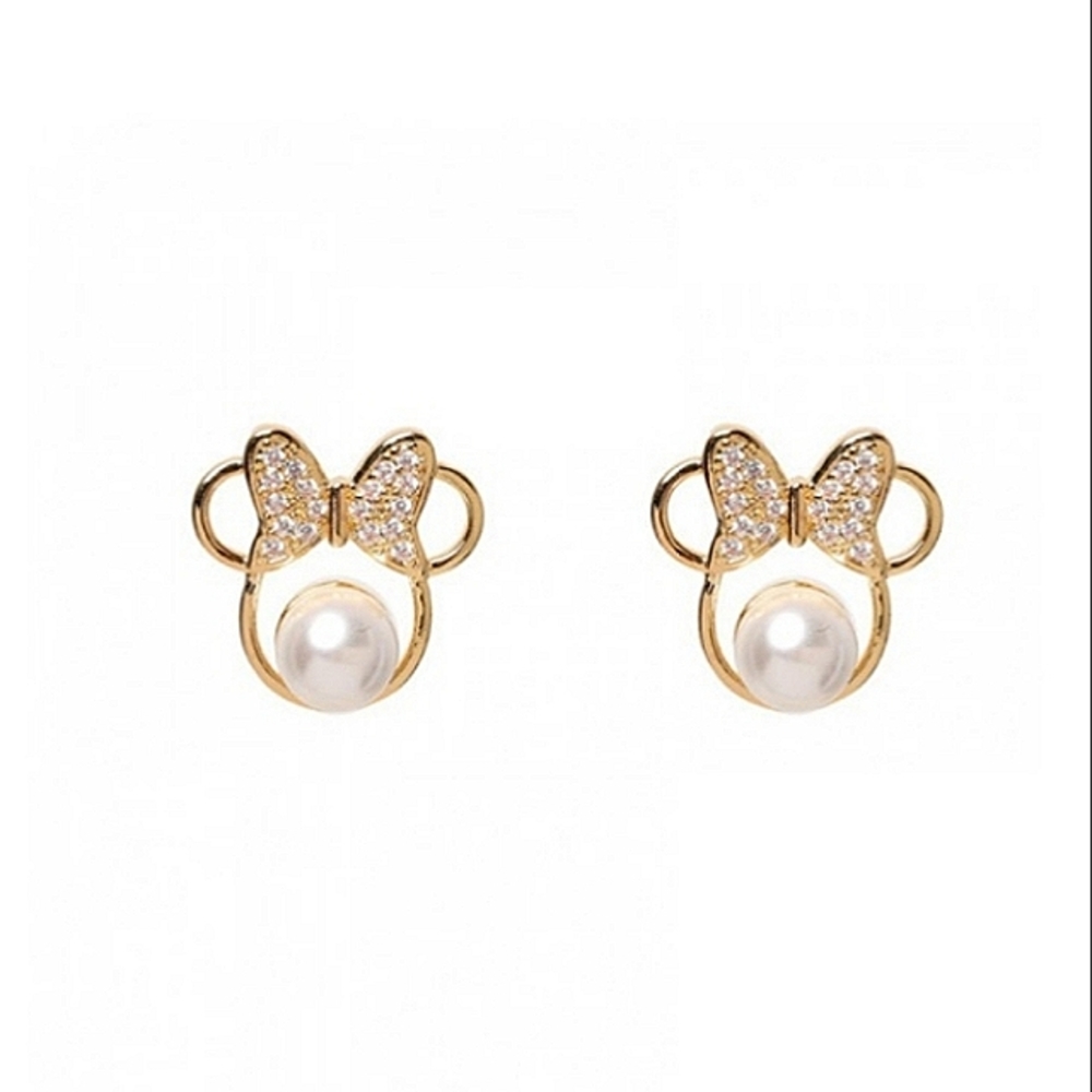 🐝 LuxMau Pearl Bow Pave Stud Earrings - Picture 2 of 2